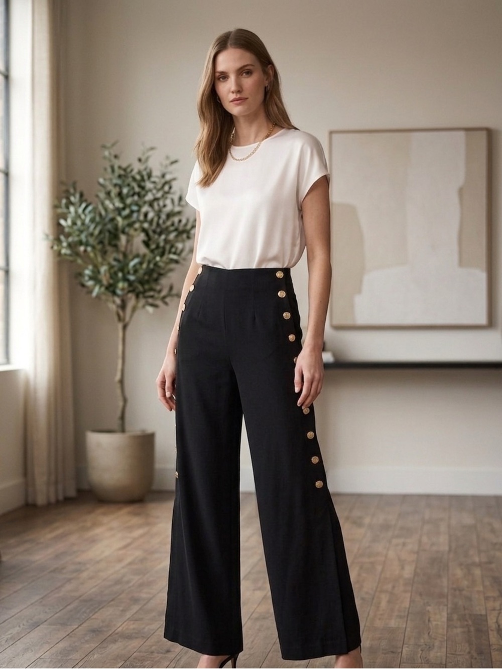 Zara Black Sailor-Style Wide Leg Trousers with Gold Detail Buttons Size Small